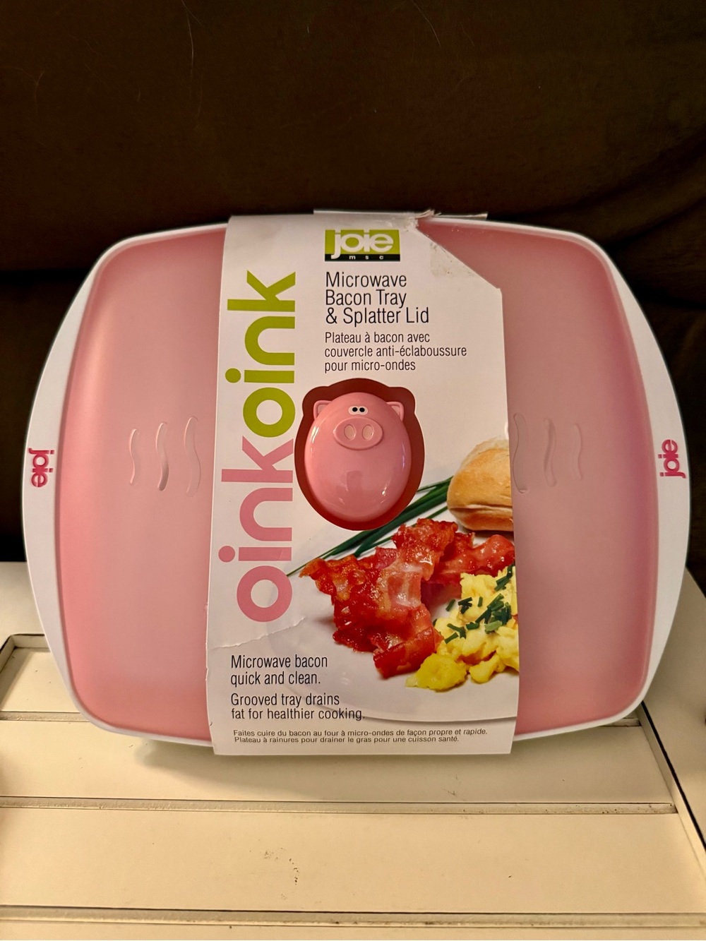 Joie Pink 'Oink' Microwave Bacon Tray with Pig Vent Lid. NWT